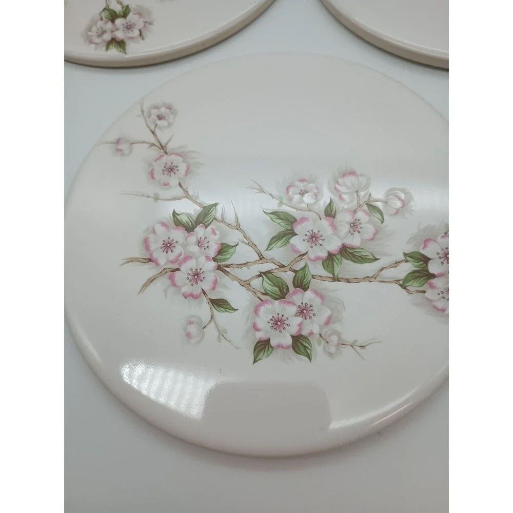 Vtg Mid-State Ceramic Trivets Cherry Spring Blossom 6